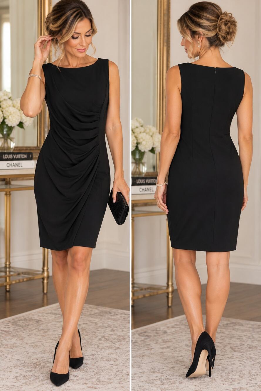 Calvin Klein Black Ruched Draped Sheath Dress Sleeveless Size 8 Work Career